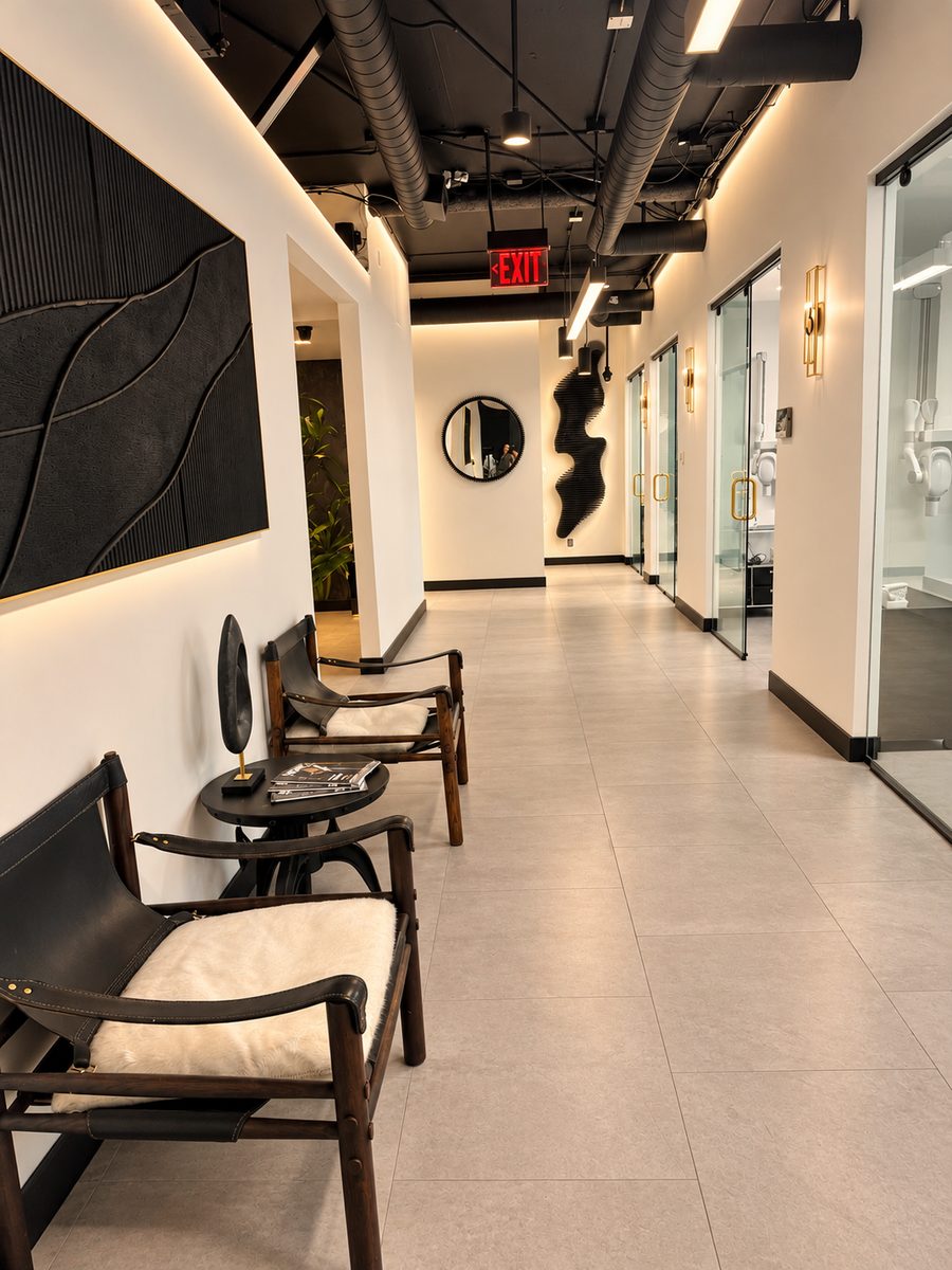 Seating area along the treatment room hallway at TruGlo Calabasas