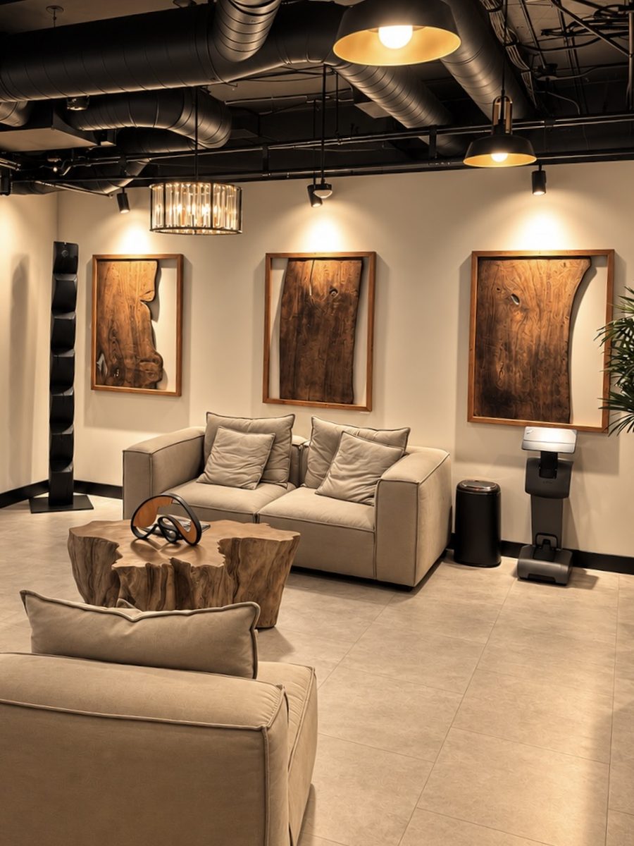 Lounge with sofas and wood art at TruGlo Calabasas