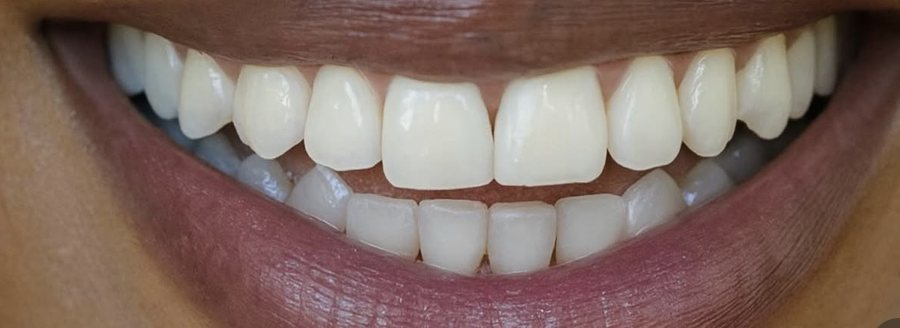 The same smile after Invisalign and minimal bonding, straight and even